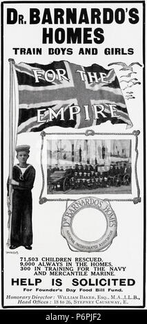 Im frühen 20. Jahrhundert alten Vintage original antike Werbung Werbung Dr. Barnardo Wohnungen trainieren Jungen und Mädchen für das Empire in Englisch Magazin um 1910 Stockfoto