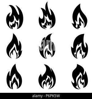 Flammen in verschiedenen Formen auf einem weißen Hintergrund. Stock Vektor