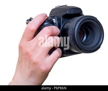Weibliche hand mit modernen DSLR-Kamera mit Objektiv montiert. Fotografie Ausrüstung. Auf weiß isoliert. Stockfoto