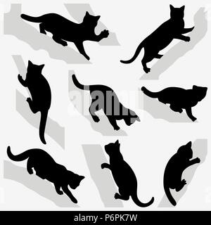 Satz von Katzen auf Bäumen. Silhouetten auf einem weißen Hintergrund. Stock Vektor