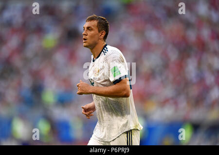 Samara, Russland - 25. Juni 2018. Russische Stürmer Artem Dzyuba während der Fußball-WM 2018 Spiel Uruguay gegen Russland Stockfoto