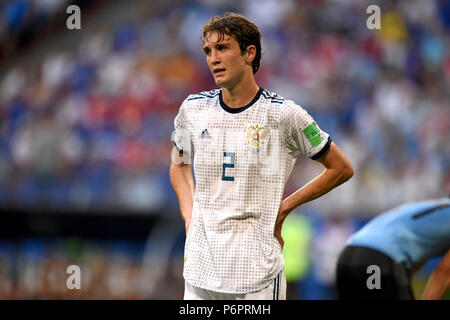 Samara, Russland - 25. Juni 2018. Die russischen Verteidiger Mario Fernandes während der Fußball-WM 2018 Spiel Uruguay gegen Russland. Stockfoto