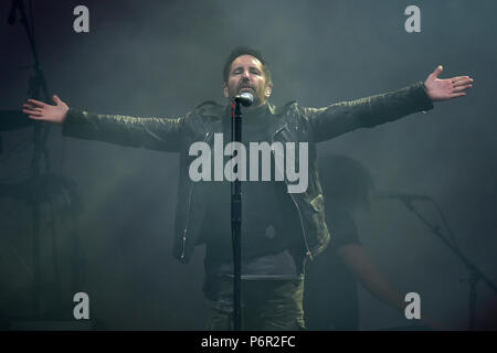 Panensky Tynec, Tschechische Republik. 30. Juni, 2018. Nine Inch Nails Gruppe mit Sänger Trent Reznor bei Konzert am dritten Tag der Aerodrome Festival in Panensky Tynec, Tschechien, Freitag, 30. Juni 2018 durchzuführen. Credit: Ondrej Hajek/CTK Photo/Alamy leben Nachrichten Stockfoto