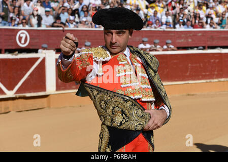 Soria, Spanien. 01. Juli, 2018. Spanische Stierkämpfer Enrique Ponce bei einem Stierkampf im 'La Chata - Stierkampfarena in Soria, im Norden von Spanien. Credit: Jorge Sanz/Pacific Press/Alamy leben Nachrichten Stockfoto