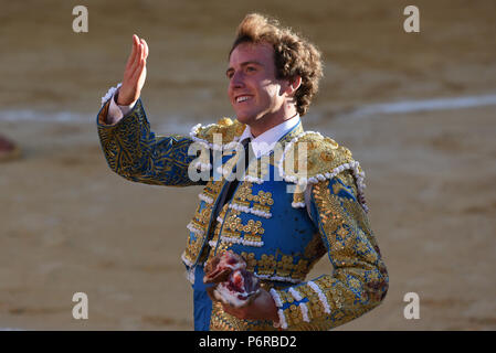 Soria, Spanien. 01. Juli, 2018. Spanische Stierkämpfer römischen Collado bei einem Stierkampf im 'La Chata - Stierkampfarena in Soria, im Norden von Spanien. Credit: Jorge Sanz/Pacific Press/Alamy leben Nachrichten Stockfoto