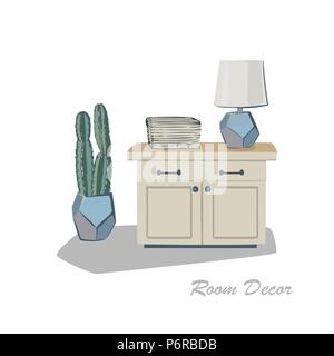 Interior Design Illustration Skizze flach. Moderne Elemente Wohnzimmer trendigen Stil. Home Haus Dekoration. Tisch Küche Bücher Magazine lampe Pflanze ca Stock Vektor