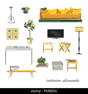 Interior Design Elemente Abbildung. Möbel Kollektion. Pastellfarben Flachbild Vektor isoliert Stock Vektor