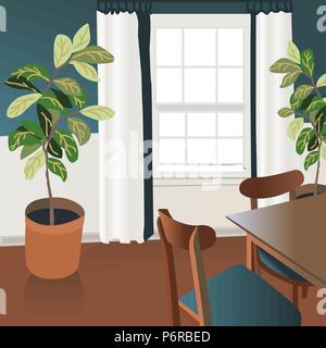 Interior Design Illustration skizzieren. Modernes Wohnzimmer trendigen Stil. Home Haus Dekoration. Möbel lounge Hand gezeichnet. Tisch Stuhl Fenster Jalousien cu Stock Vektor