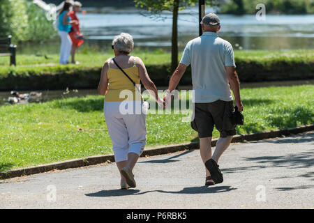 Ein älteres Ehepaar Hand in Hand gehen durch einen Park. Stockfoto