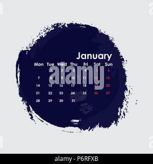 Januar 2019 Vorlage Kalender. Beginnt ab Montag. Vector Illustration. Stock Vektor