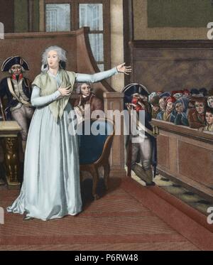 Marie Antoinette (1755-1793), Ehefrau von Louis XVI und Königin von Frankreich, vor dem Gericht. Gravur. Farbige. Stockfoto