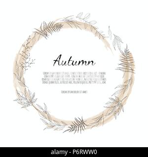 Herbstliche runden Rahmen. Kranz der Blätter im Herbst. Hintergrund mit Hand gezeichnete Blätter im Herbst. Stock Vektor