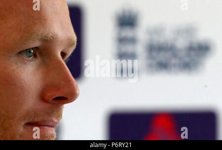 England's Eoin Morgan spricht zu den Medien während einer Pressekonferenz in der Emirates Old Trafford, Manchester. Stockfoto