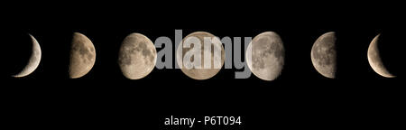 Monn Phasen Collage, vom Schwarzen Mond durch Vollmond zu Neumond Stockfoto
