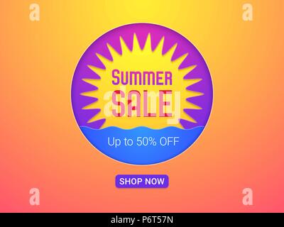 Banner der Summer Sale. Vector Abbildung: Summer Sale mit Rabatt von bis zu 50 Prozent aus. Sonne und Meer, helle Farben und gelb-orange backgrou Stock Vektor