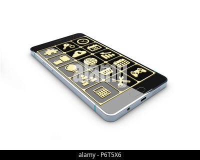 3D-Darstellung der Touchscreen Smartphone mit Anwendungssymbole auf weißem Hintergrund Stockfoto