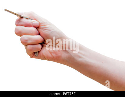 Frau Faust mit abgeschnittenen Tasten. Mit der improvisierten Material (Tür Schlüssel) für Schutz. Der Schlag mit der Faust wird mehr Schaden verursachen. Selbstverteidigung conc Stockfoto