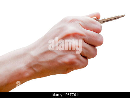 Frau Faust mit abgeschnittenen Tasten. Mit der improvisierten Material (Tür Schlüssel) für Schutz. Der Schlag mit der Faust wird mehr Schaden verursachen. Selbstverteidigung conc Stockfoto