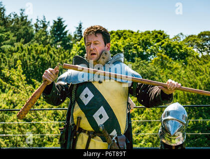 Andrew Spratt in mittelalterlichen Kostümen und Knight's Helm mit einem dreschflegel, Sommer Unterhaltung, dirleton Castle, East Lothian, Schottland, Großbritannien Stockfoto