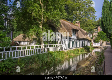 Fachwerkhaus mit Reetdach entlang des Flusses Veules, Frankreich der kürzeste Fluss in Veules-les-Roses, Seine-Maritime, Côte d'Albâtre, Normandie Stockfoto