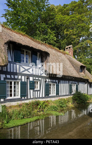 Fachwerkhaus mit Reetdach entlang des Flusses Veules, Frankreich der kürzeste Fluss in Veules-les-Roses, Seine-Maritime, Côte d'Albâtre, Normandie Stockfoto