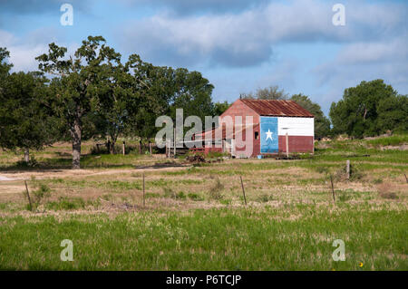 Texas State Flag malte auf der Seite eines roten Scheune auf einer Weide im Sommer. Stockfoto