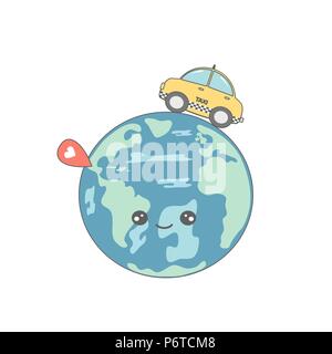 Cute cartoon Vektor Konzept Abbildung mit Taxi um Erde und Kartenzeiger Stock Vektor