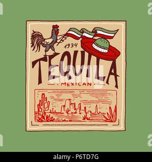 Vintage tequila label Abzeichen mit Weinberg. Alkohol logo mit kalligrafische Element. Rahmen für Poster Banner. Emblem Aufkleber Hand gezeichnet gravierte Schriftzug für t-shirt. Stock Vektor