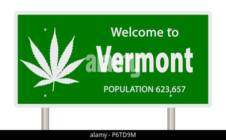 Grüne Hinweisschild mit Marihuana Blatt für Vermont Stockfoto