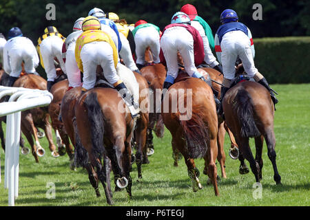 Hannover, Pferde und Jockeys in einem Bogen Stockfoto