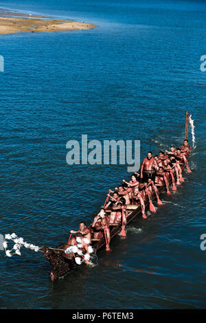 Maori warriors Paddeln traditionellen Waka Taua (Krieg Kanu) in Waitangi, Neuseeland Stockfoto