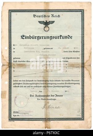 Bescheinigung der Staatsangehörigkeit, 1940, Drittes Reich / NS-Deutschland Zeitraum Stockfoto