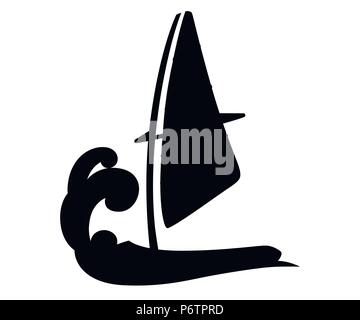 Schwarze Silhouette. Cartoon segeln Board auf dem Wasser. Ausrüstung zum Windsurfen. Surfbrett Vector Illustration auf weißem Hintergrund. Stock Vektor