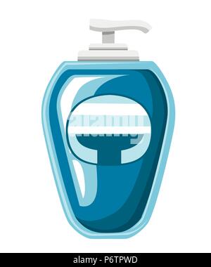 Blau Flüssigseife Flasche. Kosmetische Container mit Dispenser. Flache Cartoon Stil. Vector Illustration auf weißem Hintergrund. Stock Vektor