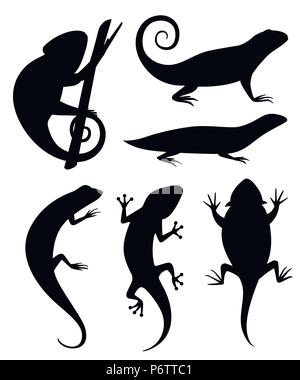 Schwarze Silhouette. Cartoon chameleon Klettern auf Zweig. Kleine Echsen. Tier Flachbild icon Sammlung. Vector Illustration auf weißem Hintergrund. Stock Vektor