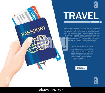 Hand Reisepass mit Tickets Flachbild-Symbol. Konzept Reise und Tourismus. Reisedokumente. Internationalen Reisepass. Konzept Design für die Website oder Adve Stock Vektor