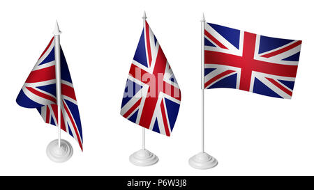 Isolierte 3 kleine Großbritannien Flagge schwenkten 3d Realistische United Kingdom fabric Stockfoto