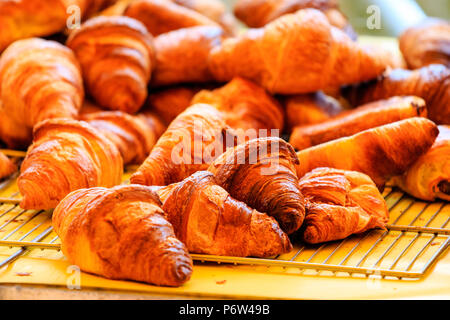 Stapel der frisch gebackene Croissants auf Backaufsatz auf der Ladentheke. Stockfoto