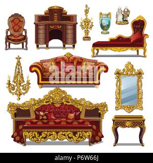 Eine Reihe von Möbel rote Farbe für Vintage Innenraum auf weißem Hintergrund. Vektor cartoon Close-up Abbildung. Stock Vektor