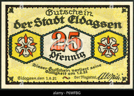 1921-06-01 Gutschein der Stadt Eldagsen, 0,25 Mark 25 Pfennig, gültig bis 1. März 1922, a, faksimilierte Unterschrift der Magistrat. Stockfoto