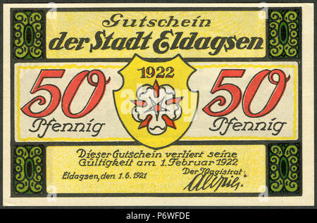 1921-06-01 Gutschein der Stadt Eldagsen, 0,50 Mark 50 Pfennig, gültig bis 1. März 1922, a, faksimilierte Unterschrift der Magistrat. Stockfoto