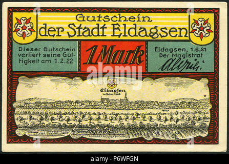 1921-06-01 Gutschein der Stadt Eldagsen, 1 Mark, gültig bis 1. Februar 1922, c, faksimilierte Unterschrift der Magistrat, Merian-Stich um 1600. Stockfoto