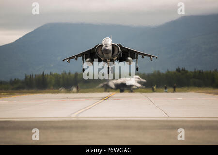 Us-Marines zugeordnet Marine Attack Squadron (VMA) 214 in der 2018 Arctic Thunder Air Show in Joint Base Elmendorf-Richardson, Alaska, 29. Juni 2018 teilnehmen. VMA-214 leitete einen vorbeiflug und schweben Demonstration mit Ihren AV-8B Harrier während der Air Show. (U.S. Marine Corps Foto von Lance Cpl. Sabrina Candiaflores) Stockfoto