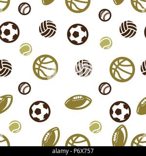 Kugel Muster Nahtlose. Basketball, Fußball, Volleyball, Tennis, Baseball, Rugby. Vector Illustration. Isoliert weißer Hintergrund. Stock Vektor
