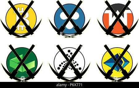 Bitcoin, des Astraleums, Welligkeit, Neo, iota, monero, Pickel crypto Währung minimalistischen Logo Stock Vektor