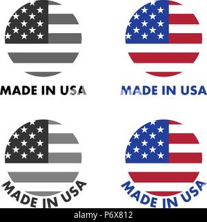 In den USA label gemacht. Roten Streifen und weiße Sterne auf blauem Feld, Kreis ausgeschnitten mit Text unten. Schwarzweiß/Farbe Version. Stock Vektor