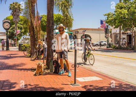 Eine tausendjährige Mann hält die Pachtverträge von zwei Hunden, steht er an der Seite von State Street in Santa Barbara, Kalifornien Mittag mit der Hektik der Stadt lif Stockfoto