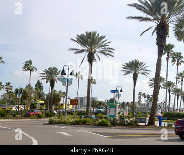 CLEARWATER, Florida, USA - Februar 7, 2018: Innenstadt von Clearwater Marina mit Palmen, bunte Gebäude und viel Sonnenschein. Clearwa Stockfoto