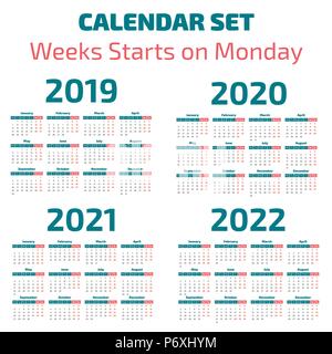 Einfache 2019-2022 Jahre Kalender, Woche beginnt am Montag Stock Vektor