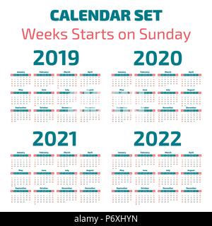 Einfache 2019-2022 Jahre Kalender, Woche beginnt am Sonntag Stock Vektor